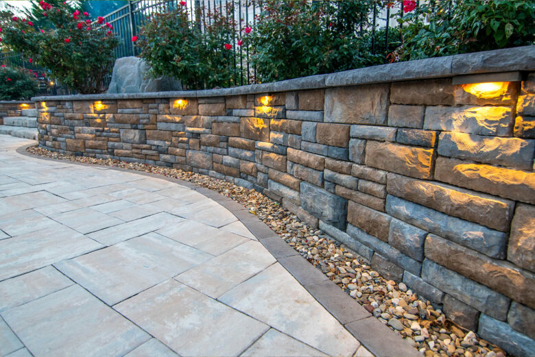 Retaining wall with stone bricks and outdoor lighting in Westminster, MD